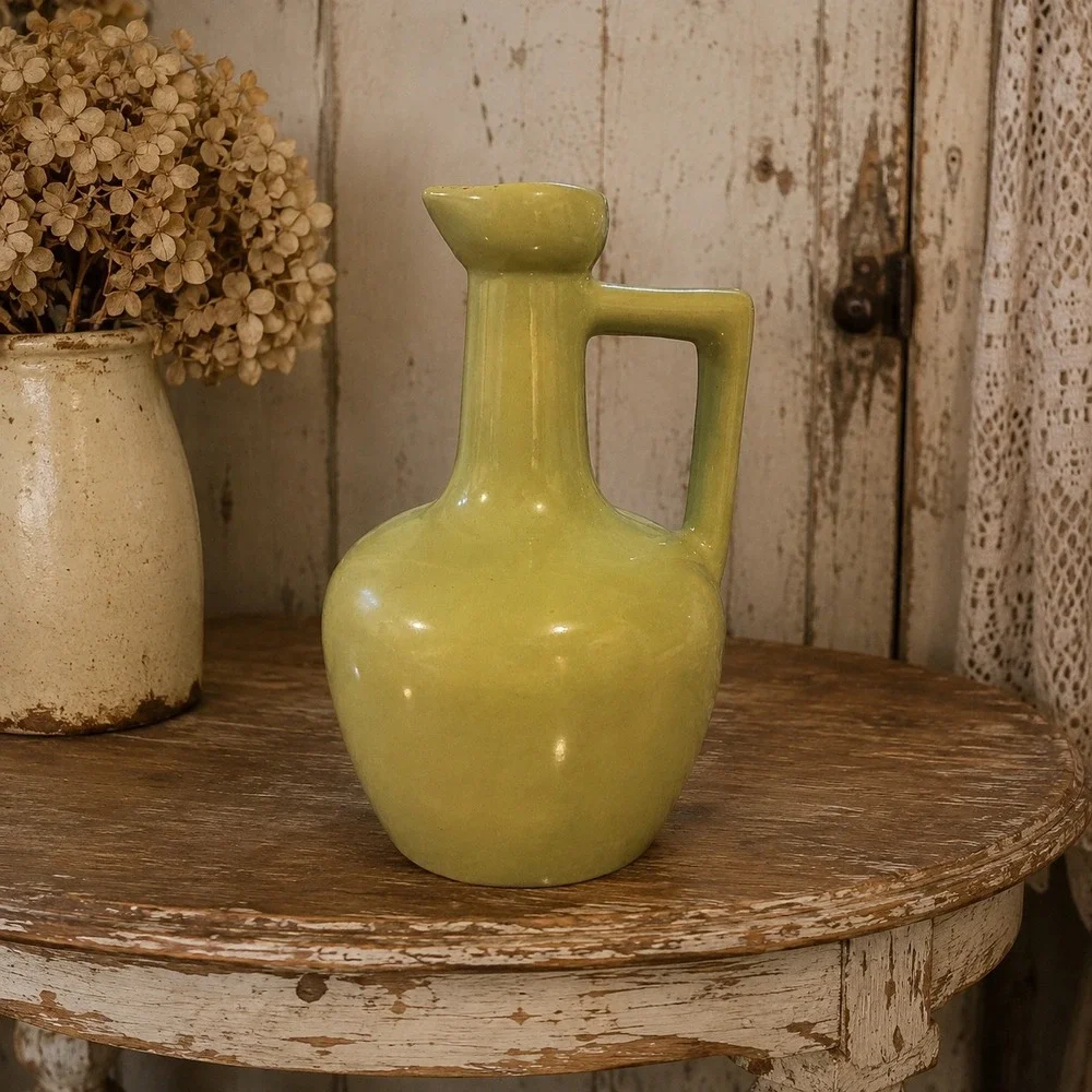 Vintage Chartreuse Green Ceramic Pitcher Vase Mid Century Modern 9 Inch Decor